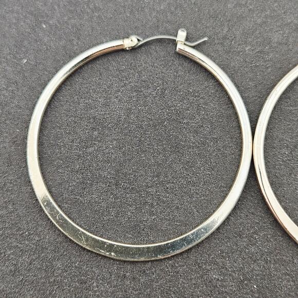 Silver Tone 2" Hoop Earrings Flat Thin Simple Minimalist Contemporary Everyday - Picture 2 of 4